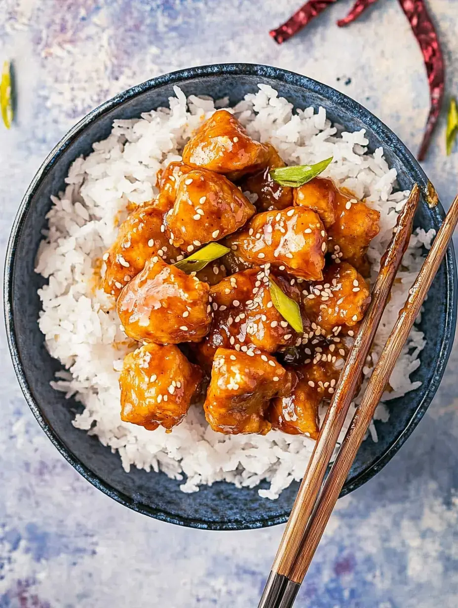 A bowl of white rice topped with pieces of glazed orange chicken, garnished with sesame seeds and green onions, accompanied by chopsticks.