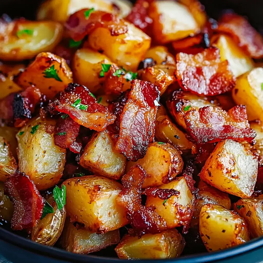 A close-up of golden-brown, crispy diced potatoes mixed with pieces of cooked bacon and garnished with green herbs.