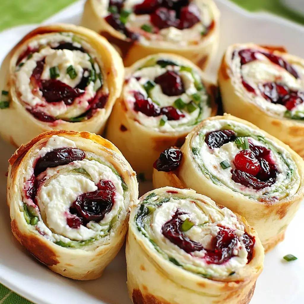 A plate of rolled tortillas filled with cream cheese, herbs, and dried cranberries, showcasing colorful spirals.