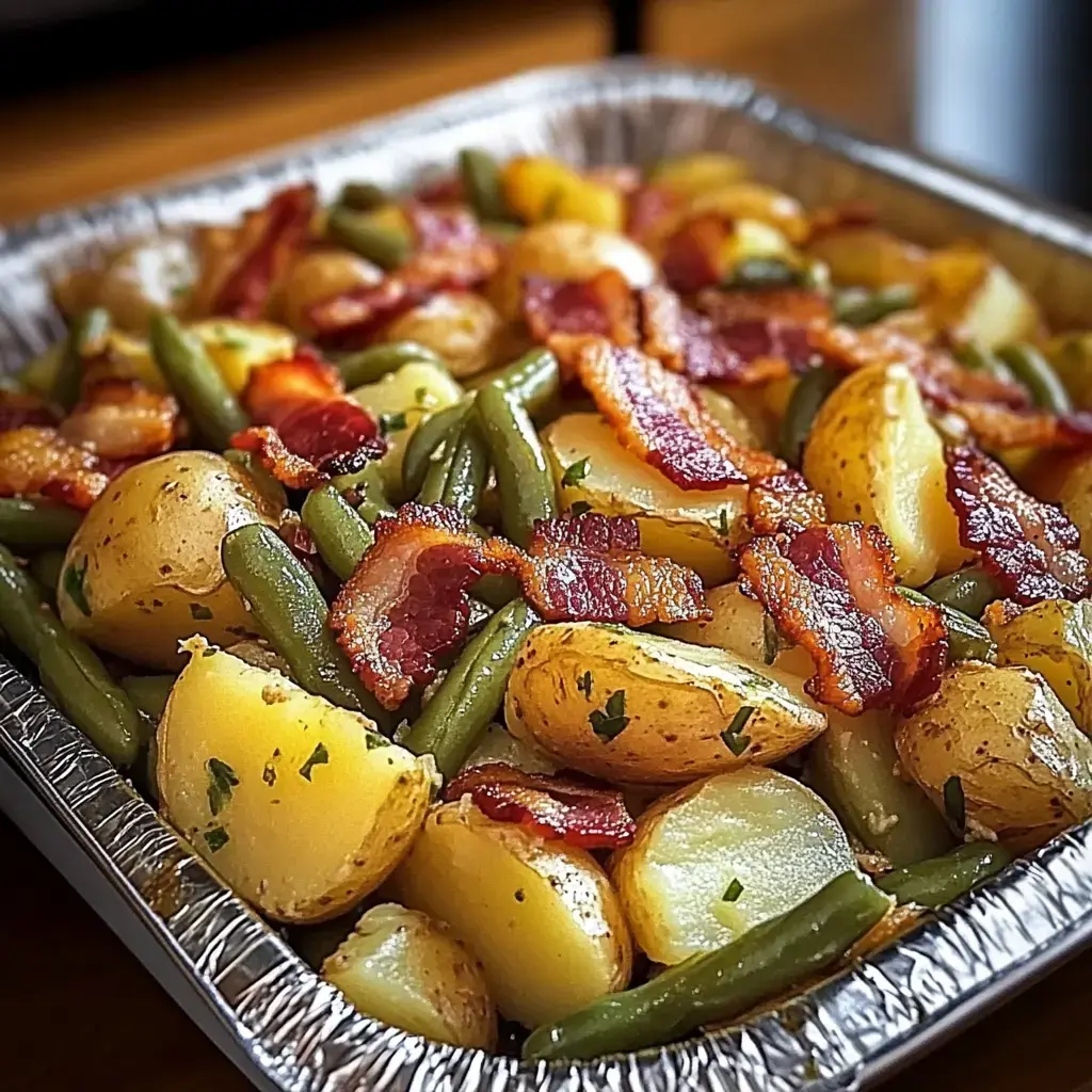 A tray of roasted potatoes and green beans topped with crispy bacon.