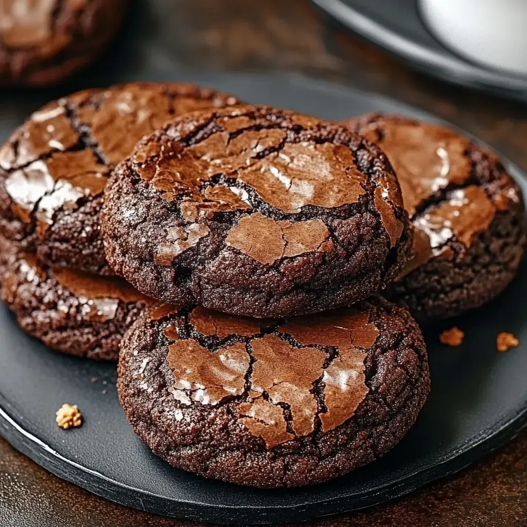 A close-up of a stack of cracked chocolate cookies on a black plate.