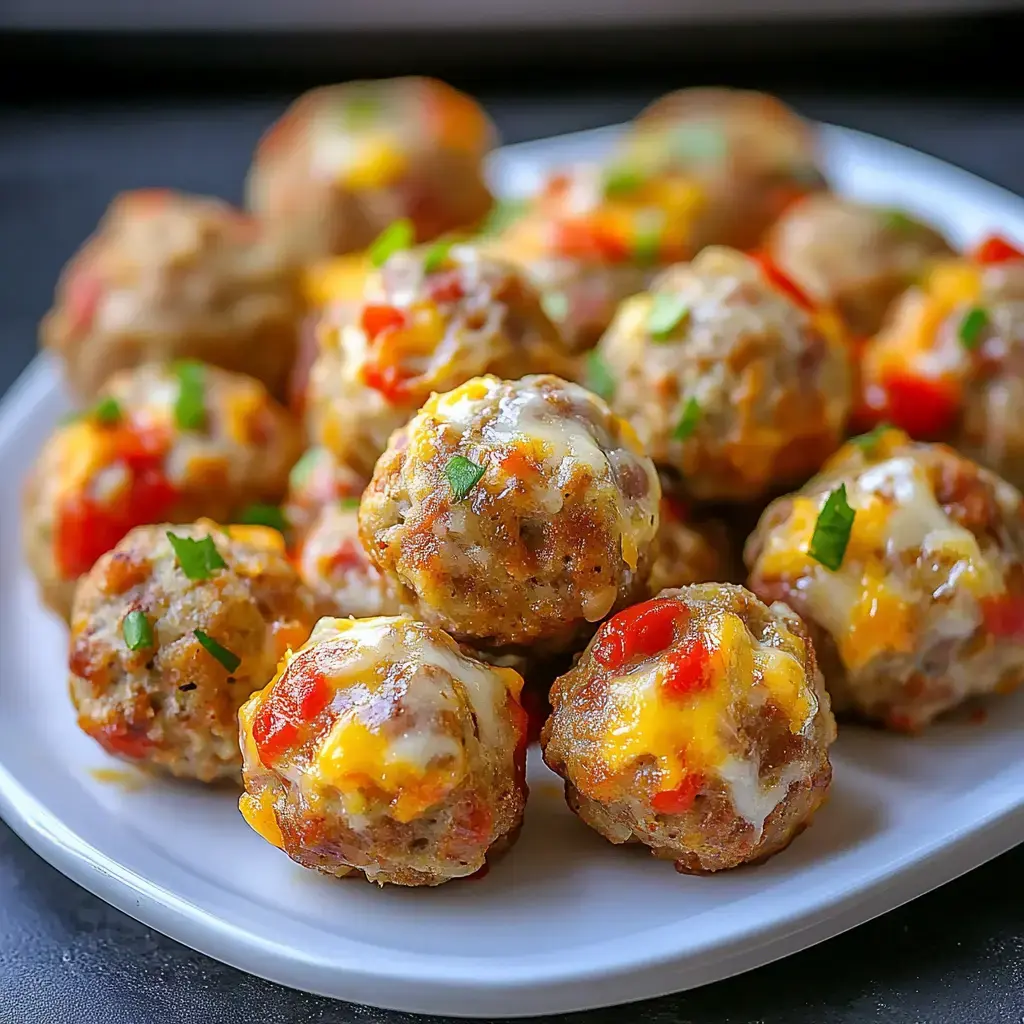 A plate of meatballs topped with melted cheese and pieces of red peppers, garnished with herbs.