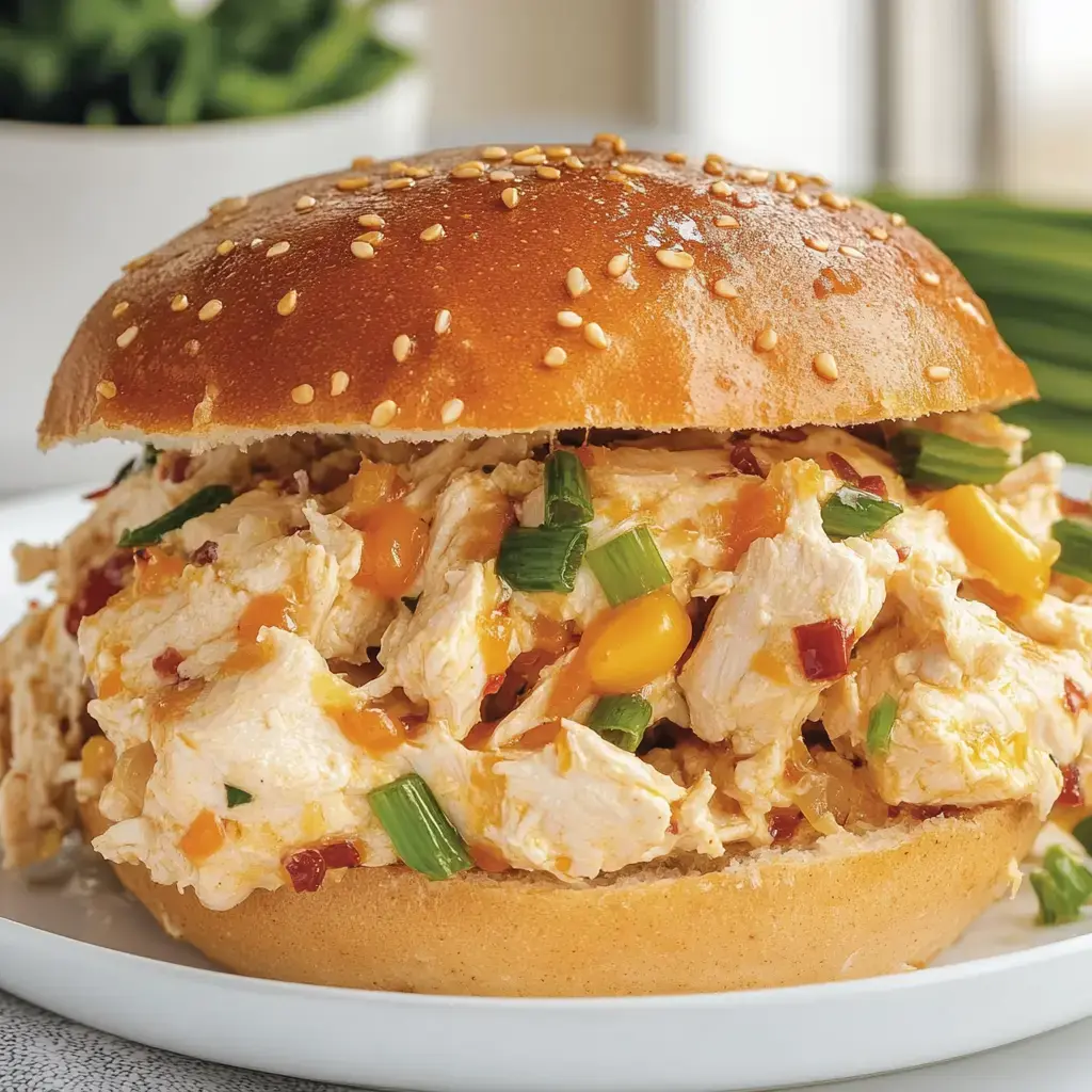 A sesame seed bun filled with shredded chicken, corn, green onions, and a creamy sauce, served on a white plate.