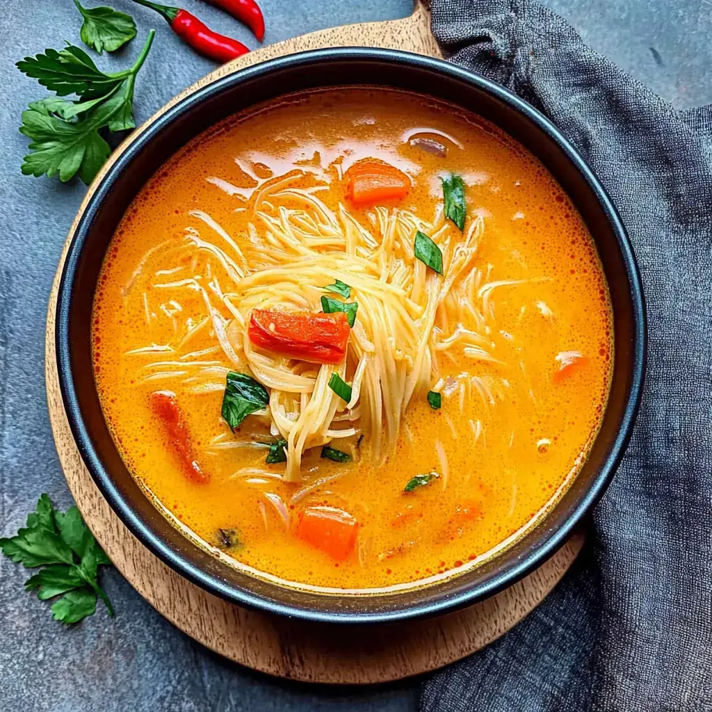 A bowl of creamy orange soup with thin noodles, pieces of red bell pepper, and green herbs, placed on a wooden surface.