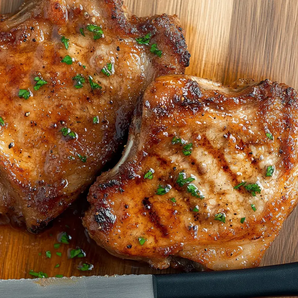 Two grilled pork chops are placed on a wooden cutting board, garnished with chopped parsley.