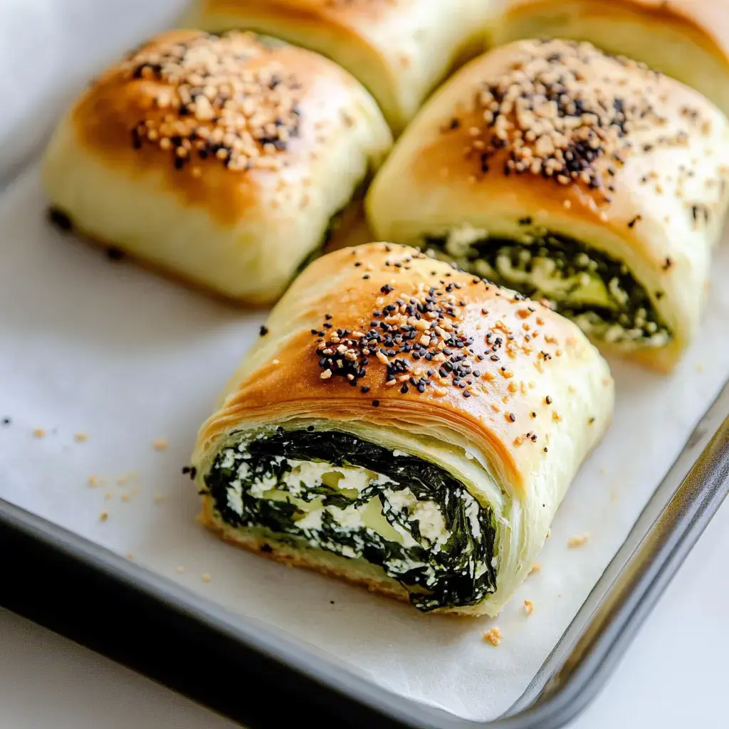 A close-up of freshly baked pastry rolls filled with spinach and cheese, topped with sesame seeds.