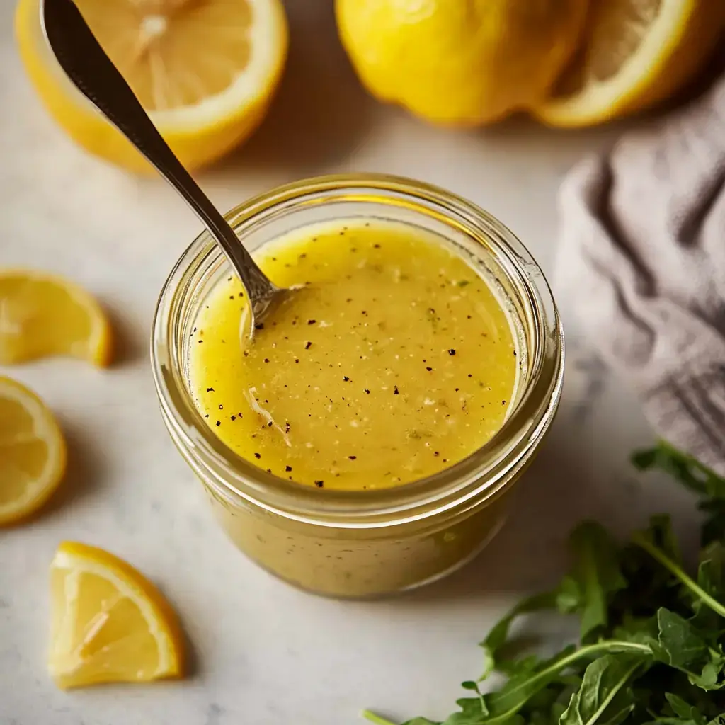 A glass jar of lemon vinaigrette dressing is shown, surrounded by lemon slices and fresh arugula on a marble surface.