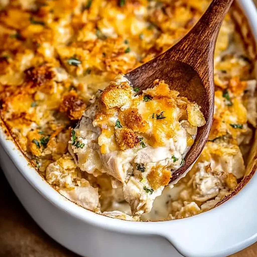 A wooden spoon is lifting a creamy chicken casserole topped with golden brown breadcrumbs from a white baking dish.