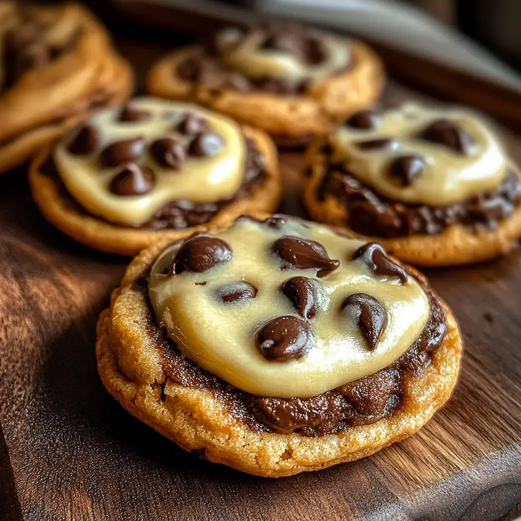 A close-up of freshly baked cookies topped with chocolate fudge and dollops of cookie dough, arranged on a wooden surface.