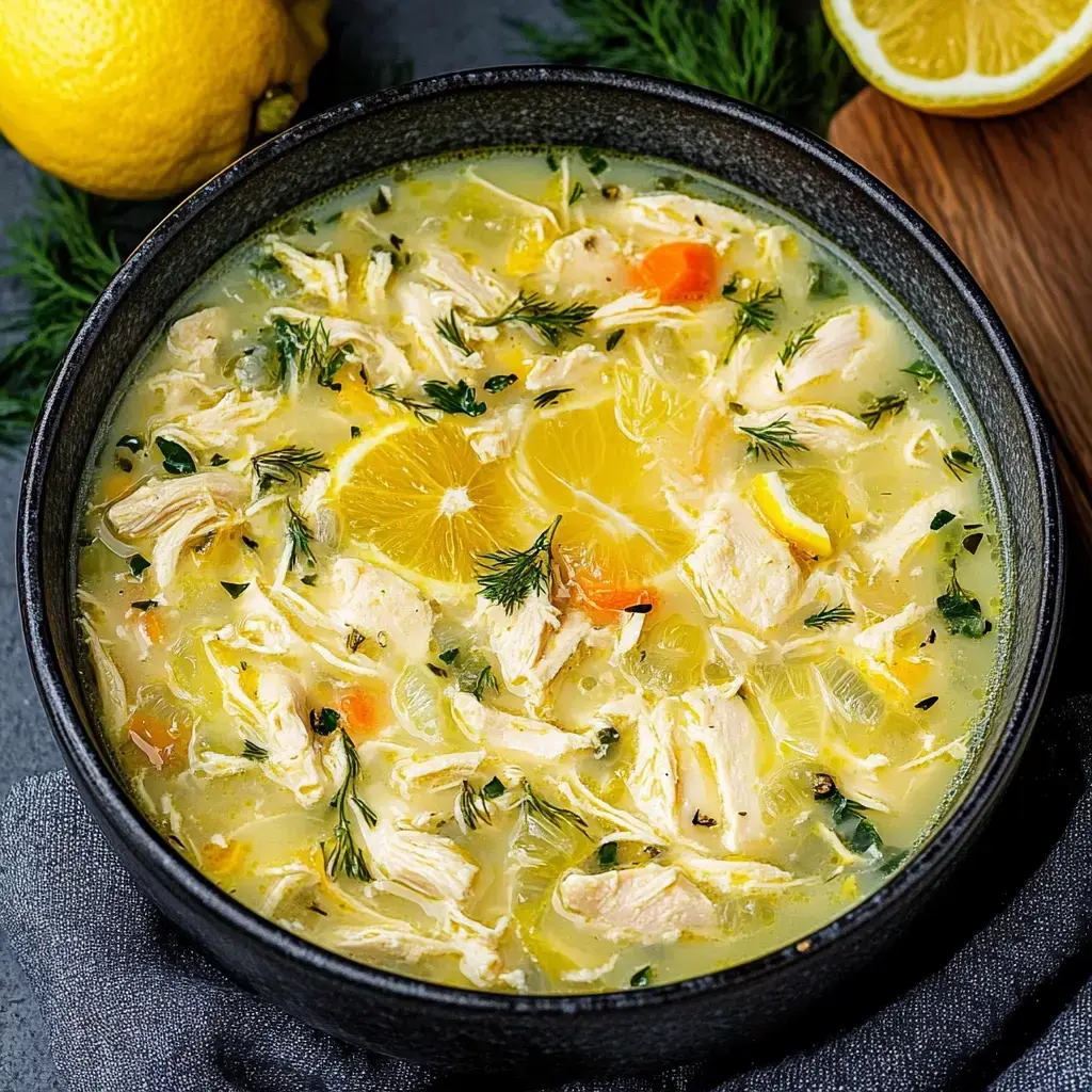 A bowl of lemon chicken soup garnished with dill and orange slices, with fresh lemons in the background.