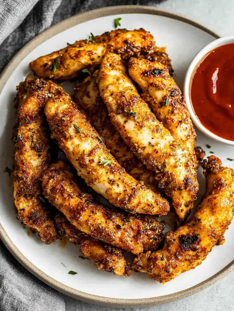 A plate of crispy, seasoned chicken tenders next to a small bowl of dipping sauce.