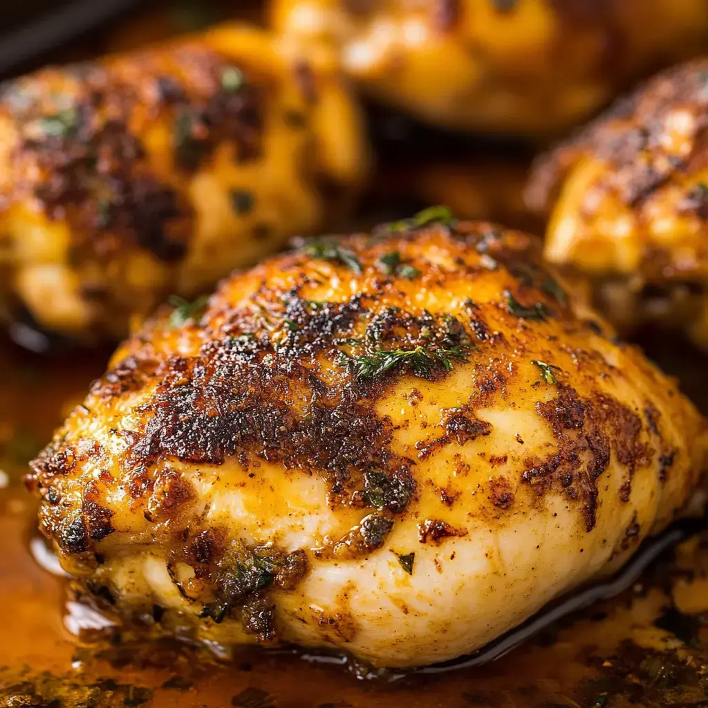 A close-up of perfectly cooked chicken thighs seasoned with spices and herbs, resting in a flavorful sauce.