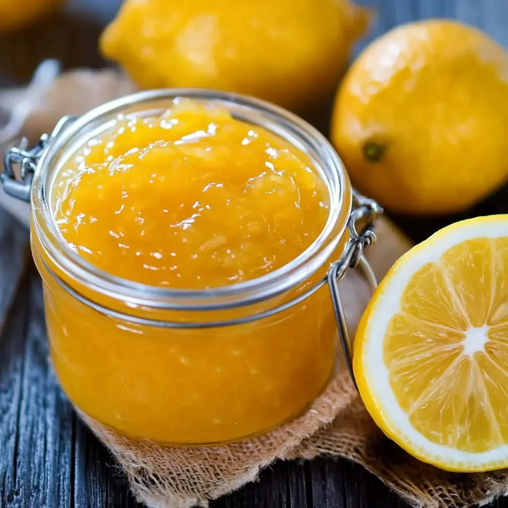 A jar of homemade lemon curd is displayed next to whole and halved lemons on a rustic surface.