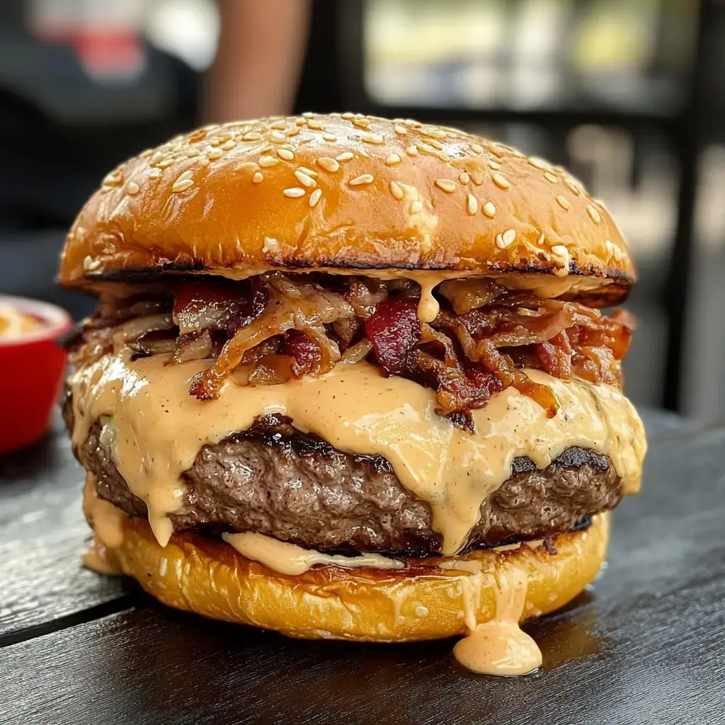 A close-up of a juicy burger with a sesame seed bun, topped with melted cheese, crispy bacon, and a creamy sauce, sitting on a wooden table.