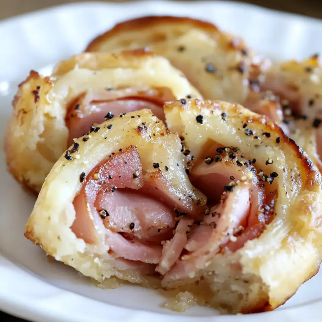 Close-up of rolled pastry with layers of ham and a sprinkle of black pepper on a white plate.