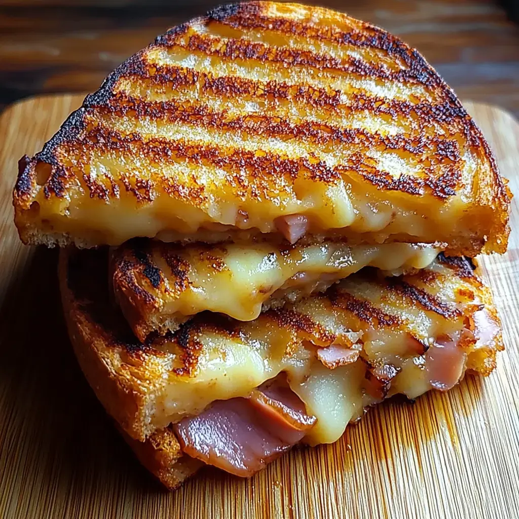 A close-up of a stacked grilled cheese sandwich with melted cheese and ham, resting on a wooden board.