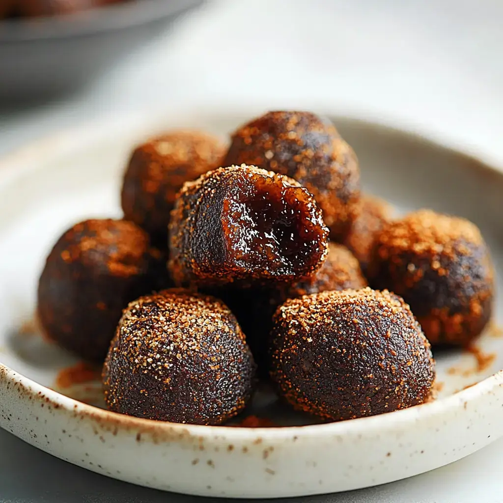 A close-up of a plate of dark, round sweets coated with a fine layer of spice, with one piece partially bitten into.