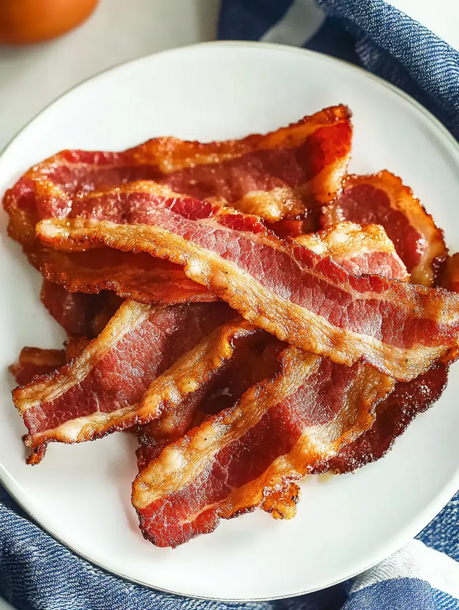 A plate of crispy, golden-brown bacon strips arranged neatly.