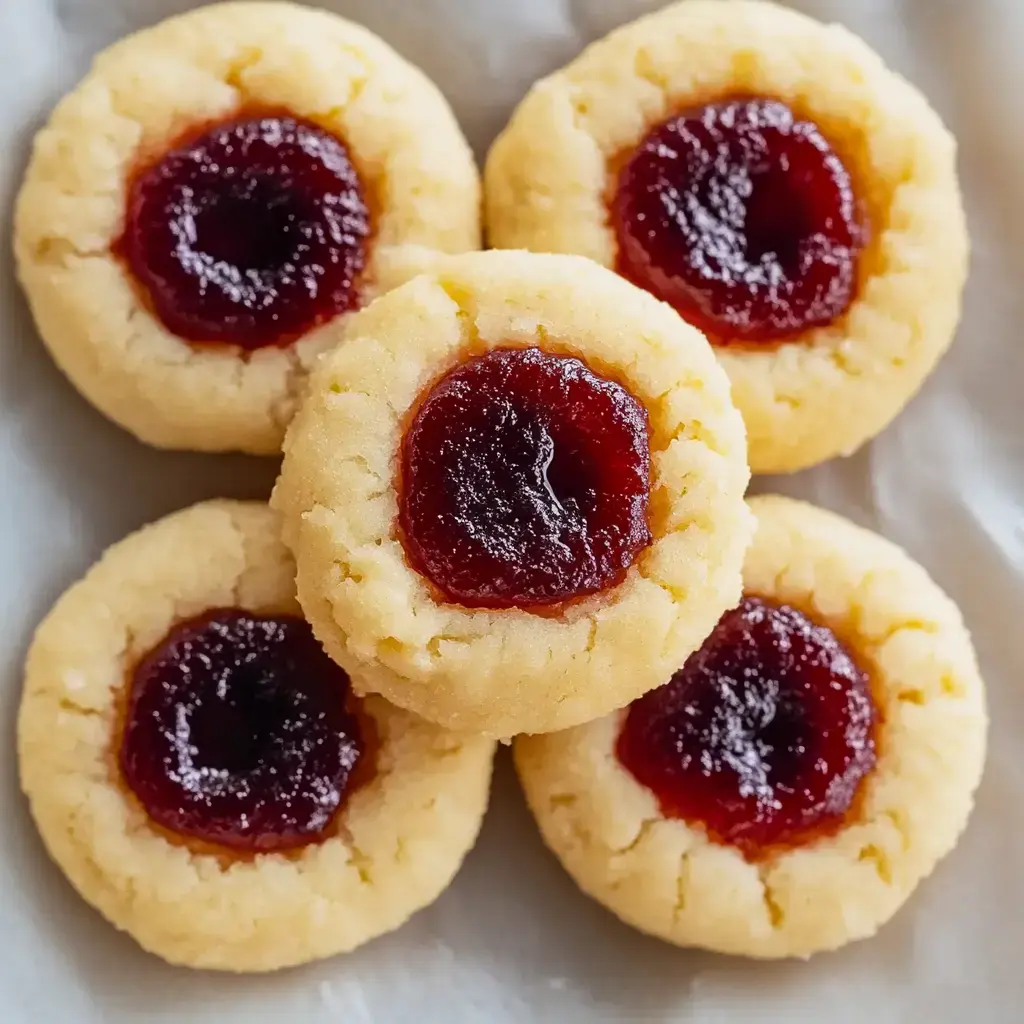 A close-up of five buttery cookies with a glossy jam center arranged neatly on a baking sheet.