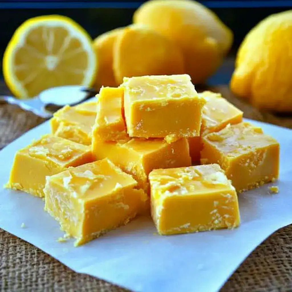 A pile of bright yellow lemon fudge squares is displayed on a sheet of parchment paper, with whole lemons and a spoon in the background.