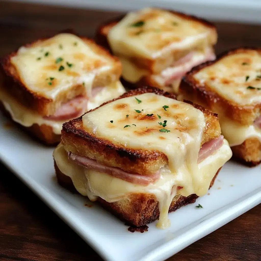 A plate of toasted sandwiches with melted cheese and ham, garnished with parsley.