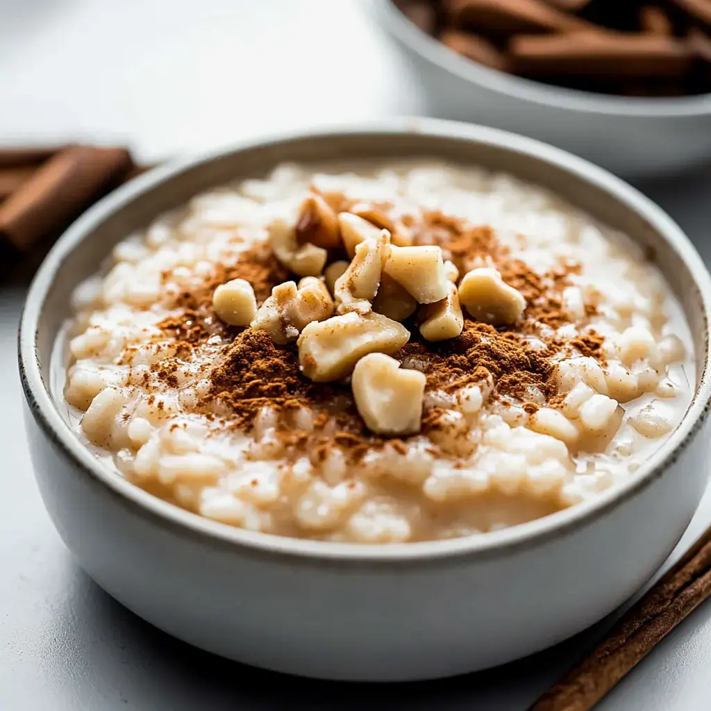 A bowl of creamy rice pudding topped with chopped nuts and a sprinkle of cinnamon.