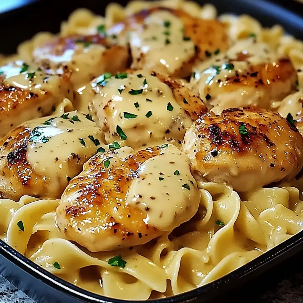 A close-up of grilled chicken pieces topped with creamy sauce, served over a bed of egg noodles and garnished with chopped parsley.