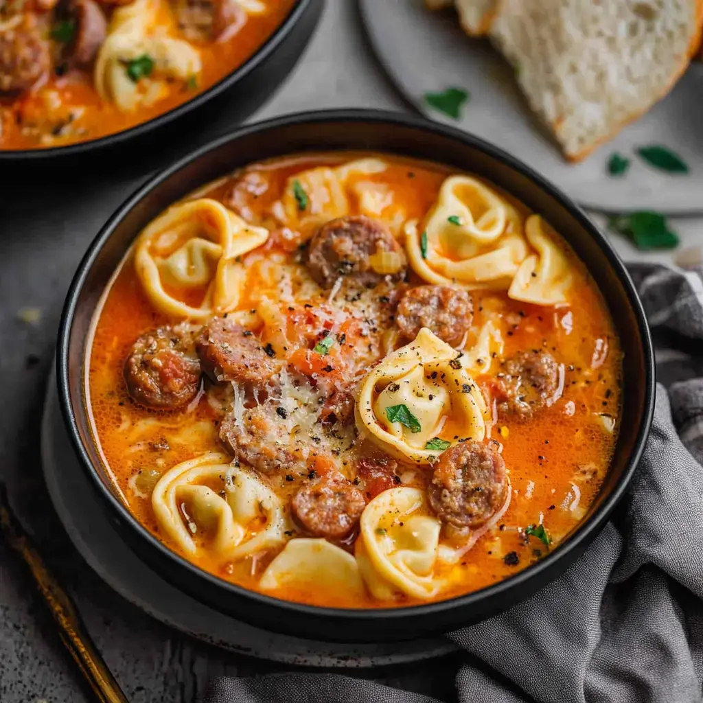 A close-up of a bowl of creamy tortellini soup with sausage, tomatoes, and herbs, accompanied by a slice of bread on the side.