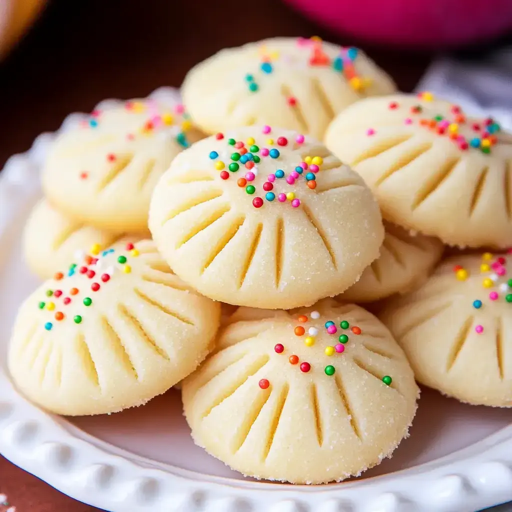 A plate of decorative, round cookies topped with colorful sprinkles.