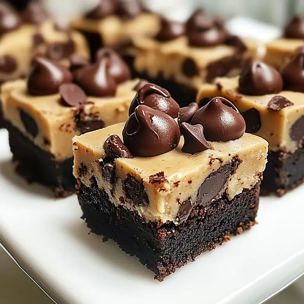 A close-up of chocolate brownie bites topped with cookie dough frosting and chocolate chips.