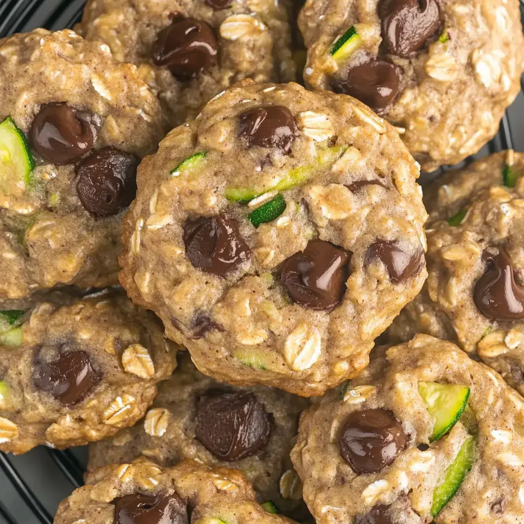 A close-up of freshly baked cookies featuring chocolate chips and green zucchini mixed into the dough.