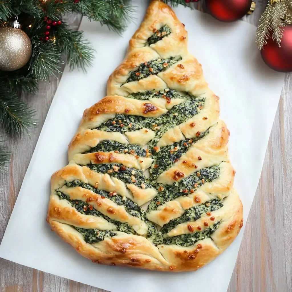 A festive, spiral-shaped bread resembling a Christmas tree, filled with a green mixture and garnished with golden crust and small bits of seasoning, placed on a white surface near holiday decorations.