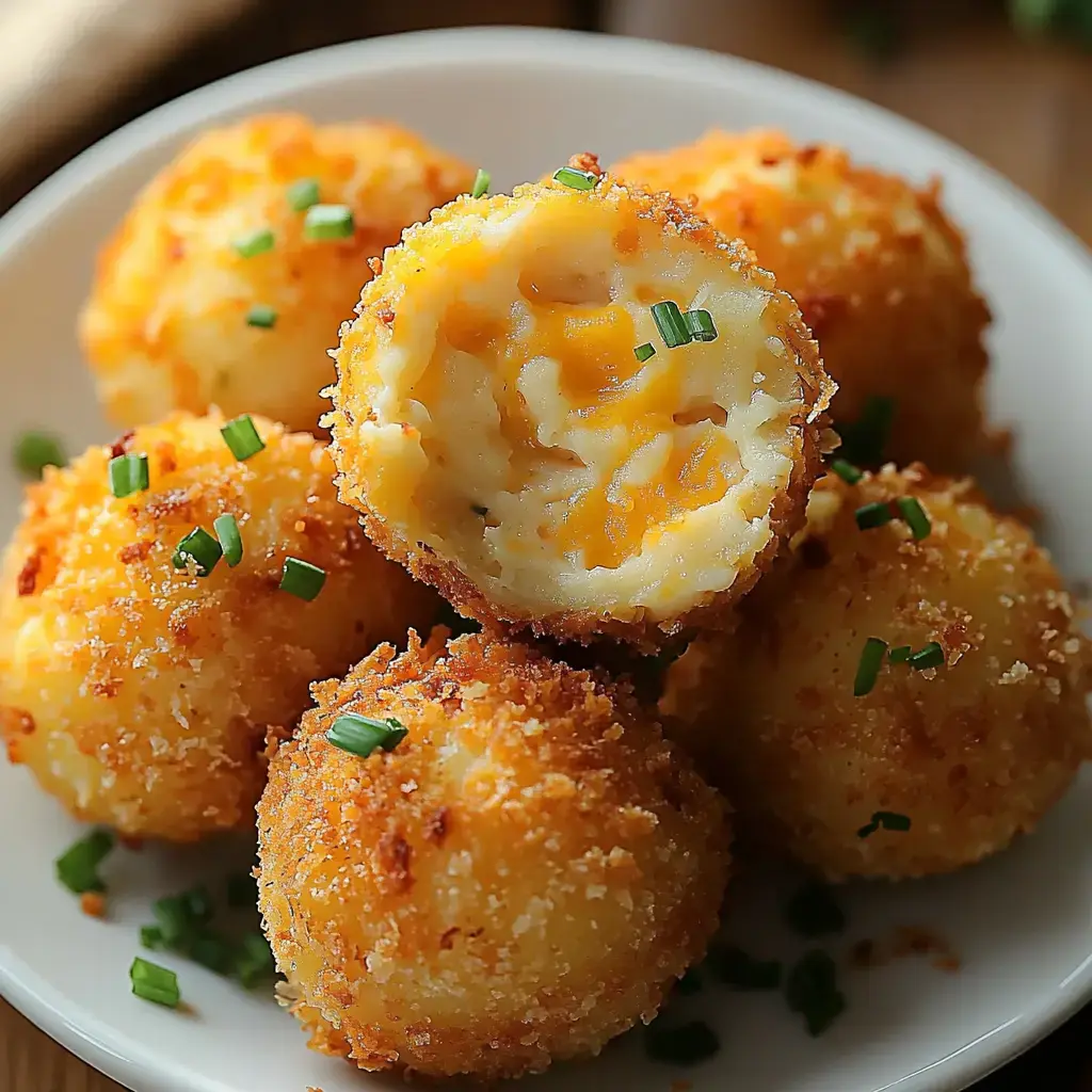 A plate of golden, breaded cheese balls, with one cut open to reveal creamy cheese filling inside.