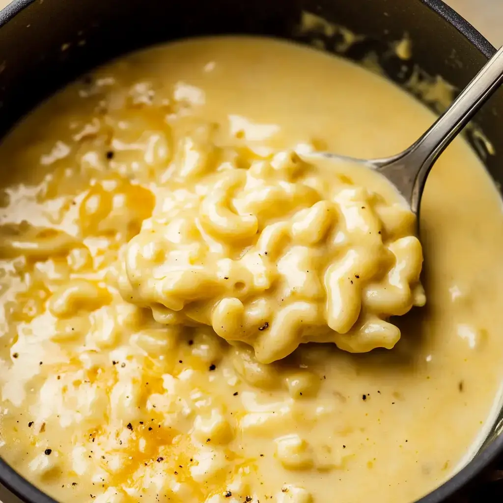 A spoonful of creamy macaroni and cheese is lifted from a dark bowl.