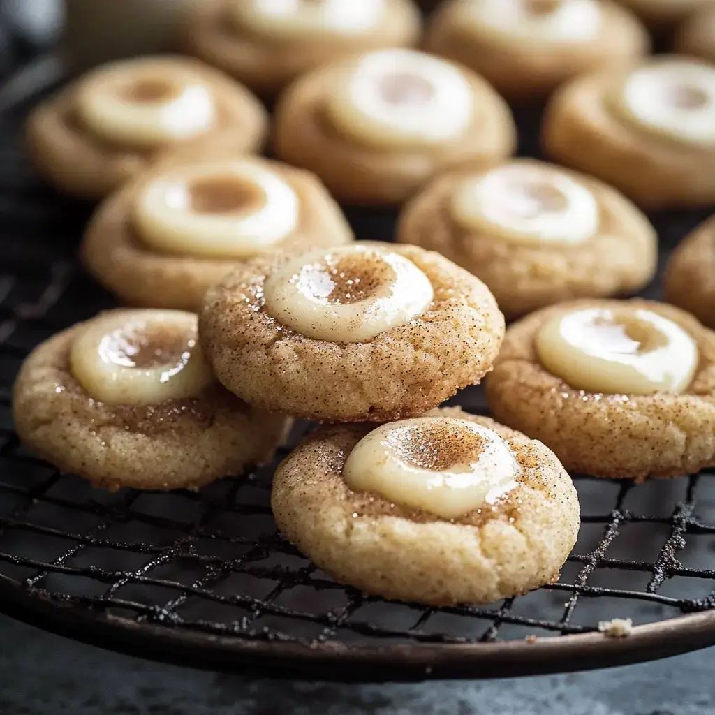 A close-up of a wire rack displaying several cinnamon-sugar cookies topped with a creamy filling.