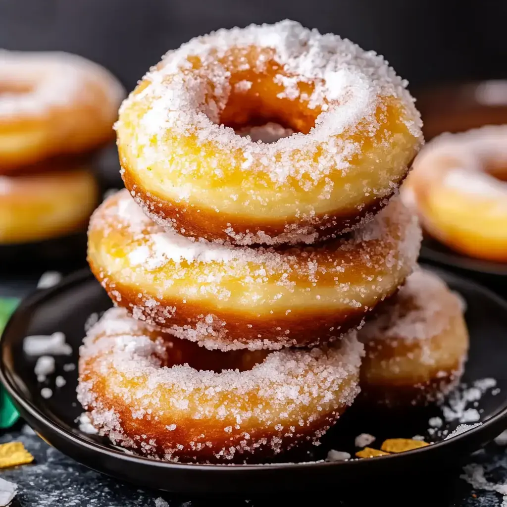 A stack of four sugar-coated donuts on a black plate, with some donuts partially visible in the background.