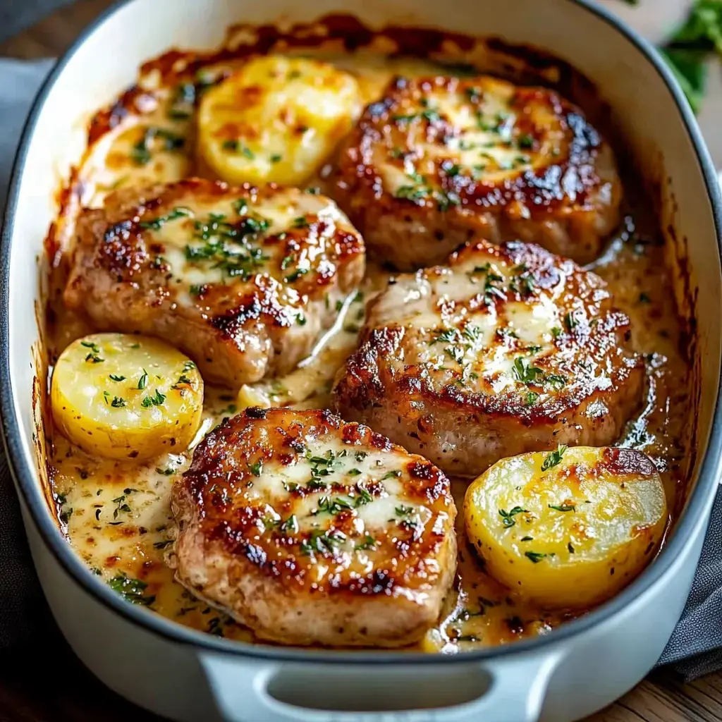 A dish of golden-brown pork chops and sliced potatoes in a creamy sauce, garnished with herbs, served in a round baking dish.