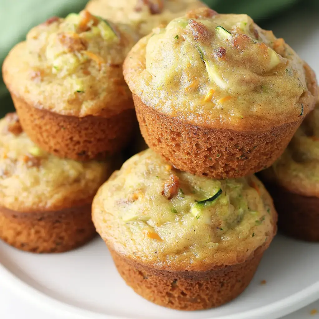 A stack of freshly baked muffins, featuring a golden-brown exterior and visible bits of vegetables, sits on a white plate.