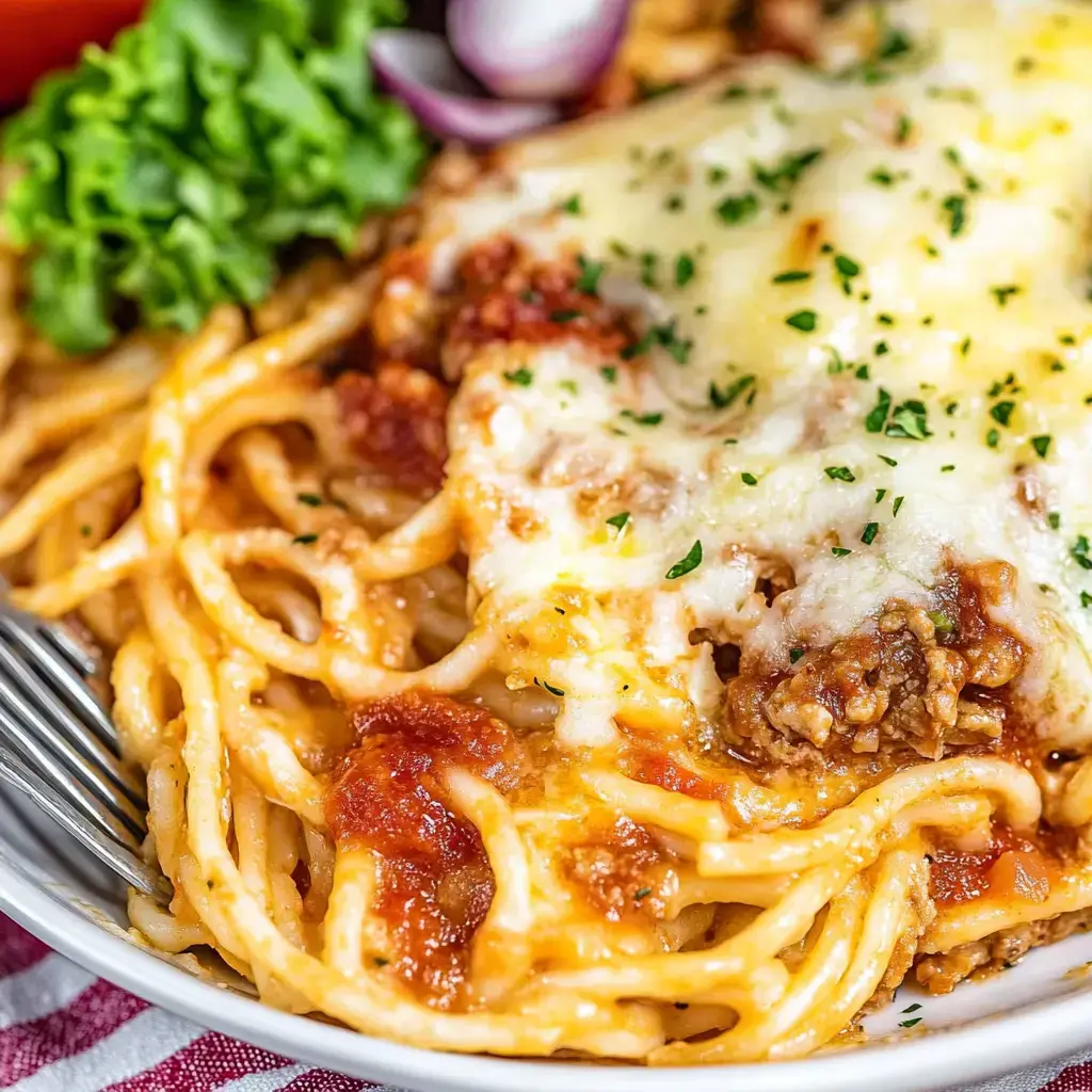 A close-up of a bowl of spaghetti topped with cheese and sauce, garnished with parsley, alongside lettuce and onions.