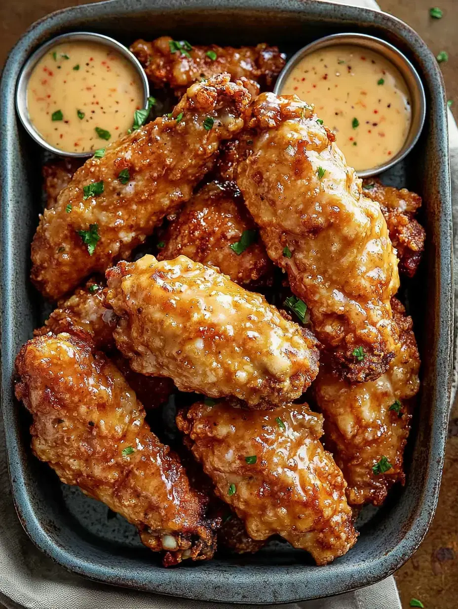 A close-up of crispy, glazed chicken wings served in a gray dish with two small bowls of dipping sauce.