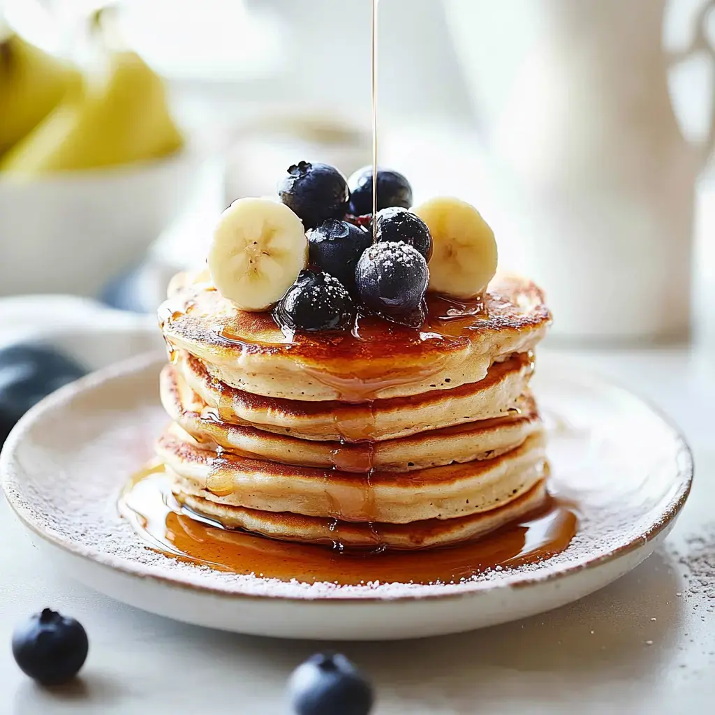 A stack of golden pancakes topped with banana slices and blueberries, drizzled with maple syrup, sits on a white plate.