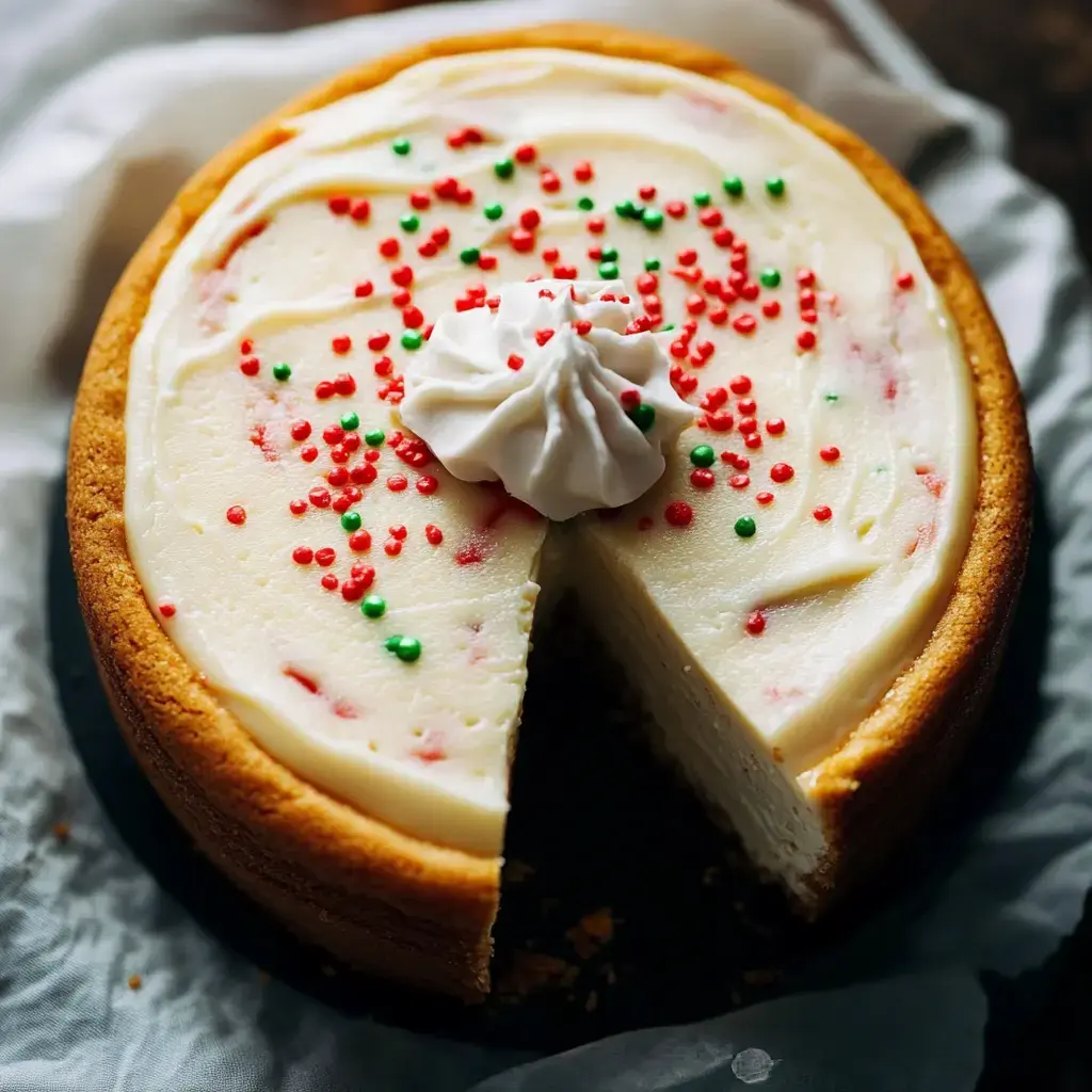 A cream cheese cheesecake decorated with red and green sprinkles and a swirl of whipped cream, with a slice cut out.