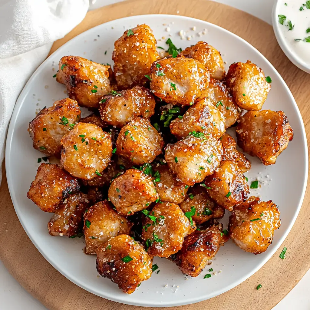 A plate of crispy, golden-brown bite-sized snacks is garnished with chopped parsley and sprinkled with seasoning.