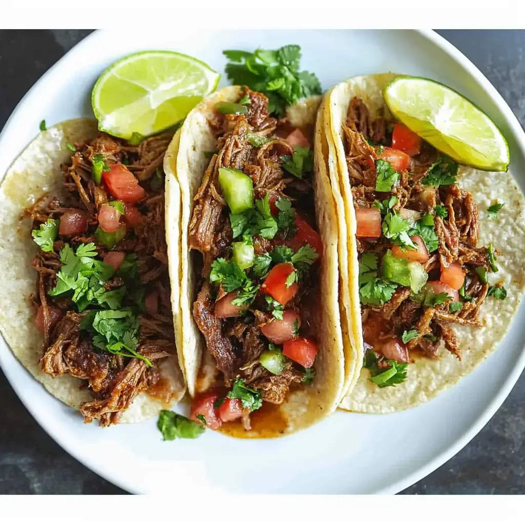 Three tacos filled with shredded meat, diced tomatoes, chopped cilantro, and served with lime wedges on a white plate.