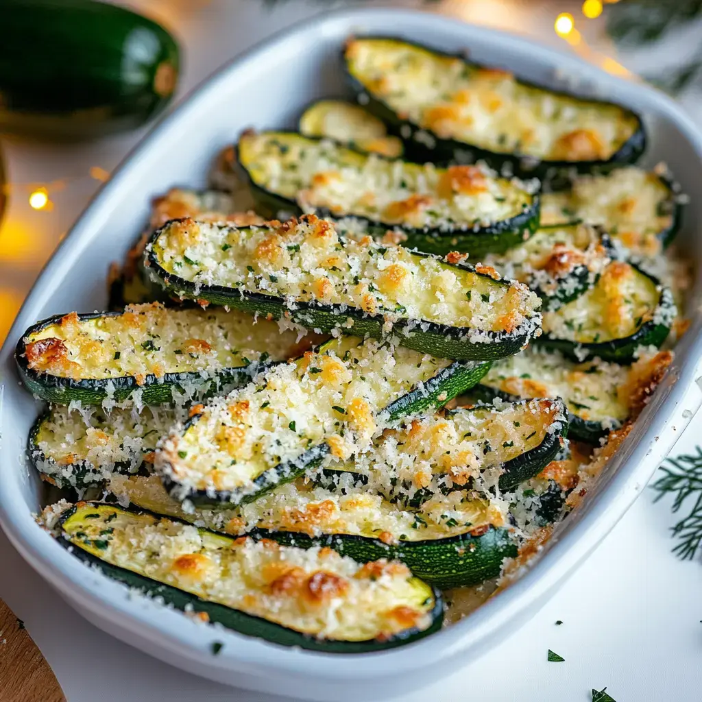 A white dish filled with baked zucchini halves topped with golden-brown breadcrumbs and herbs.