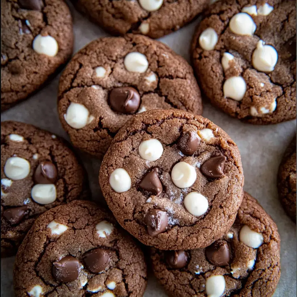 A close-up view of freshly baked chocolate cookies topped with both white and dark chocolate chips.