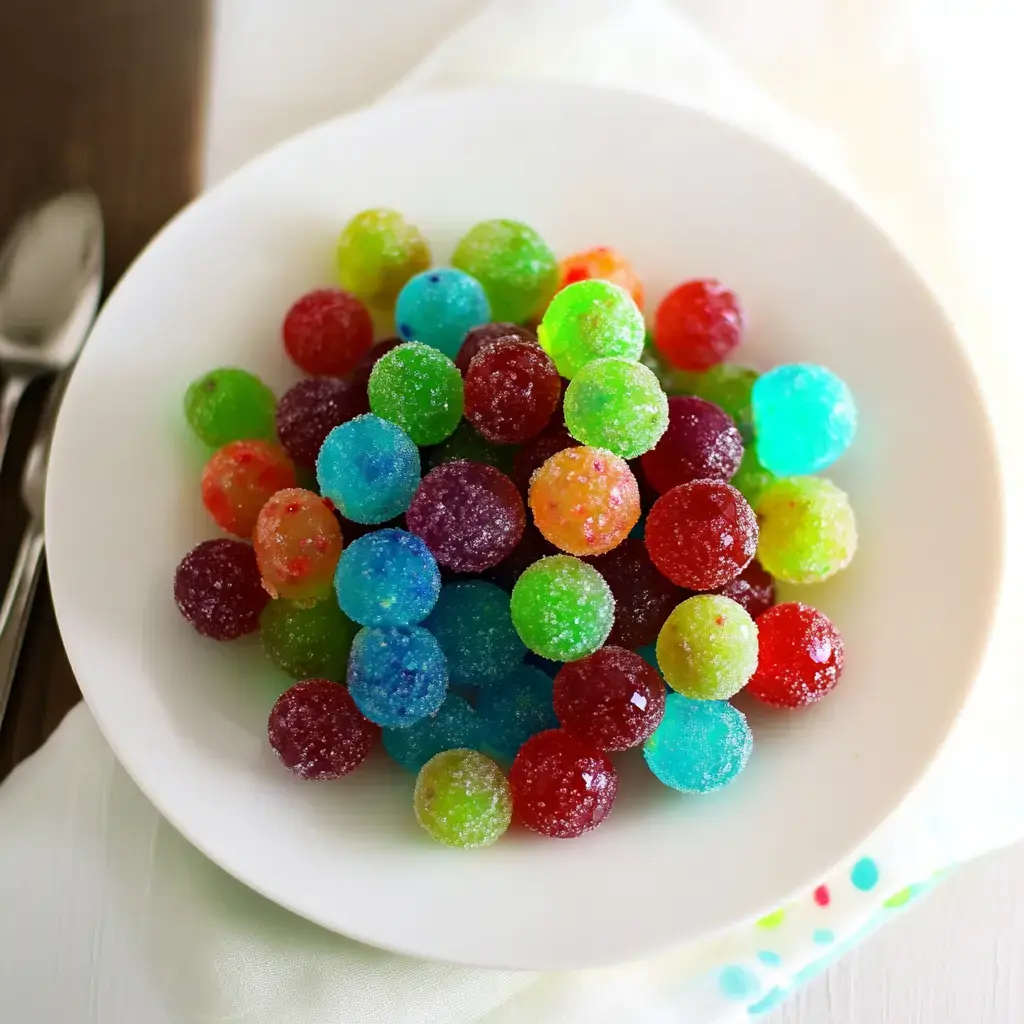 A white plate is filled with a colorful assortment of round, sugar-coated gummy candies in various vibrant hues.