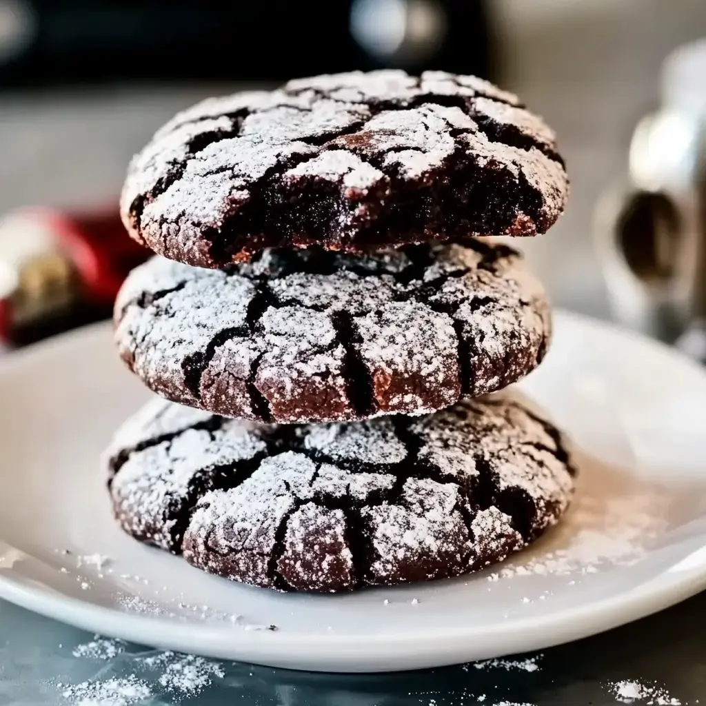 A stack of three chocolate crinkle cookies dusted with powdered sugar on a white plate.