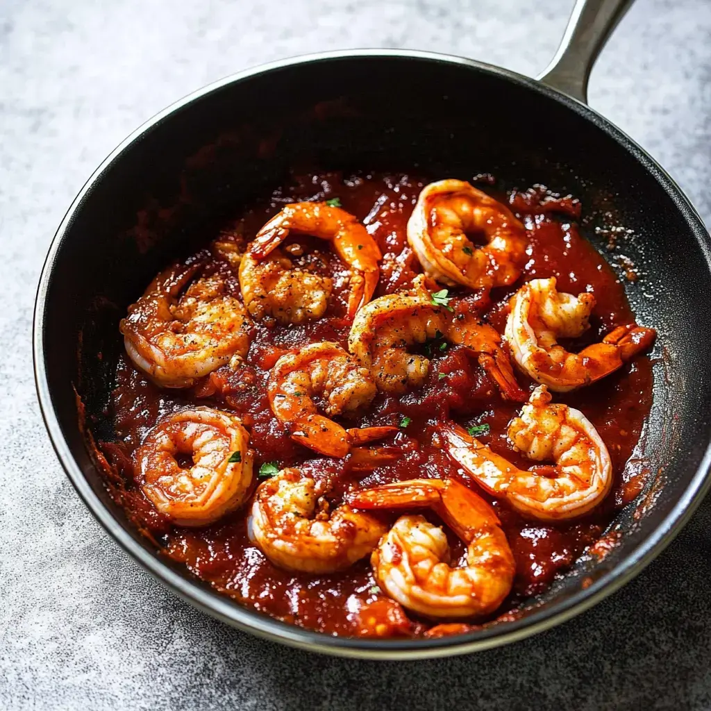 A skillet filled with shrimp cooked in a rich tomato sauce garnished with herbs.