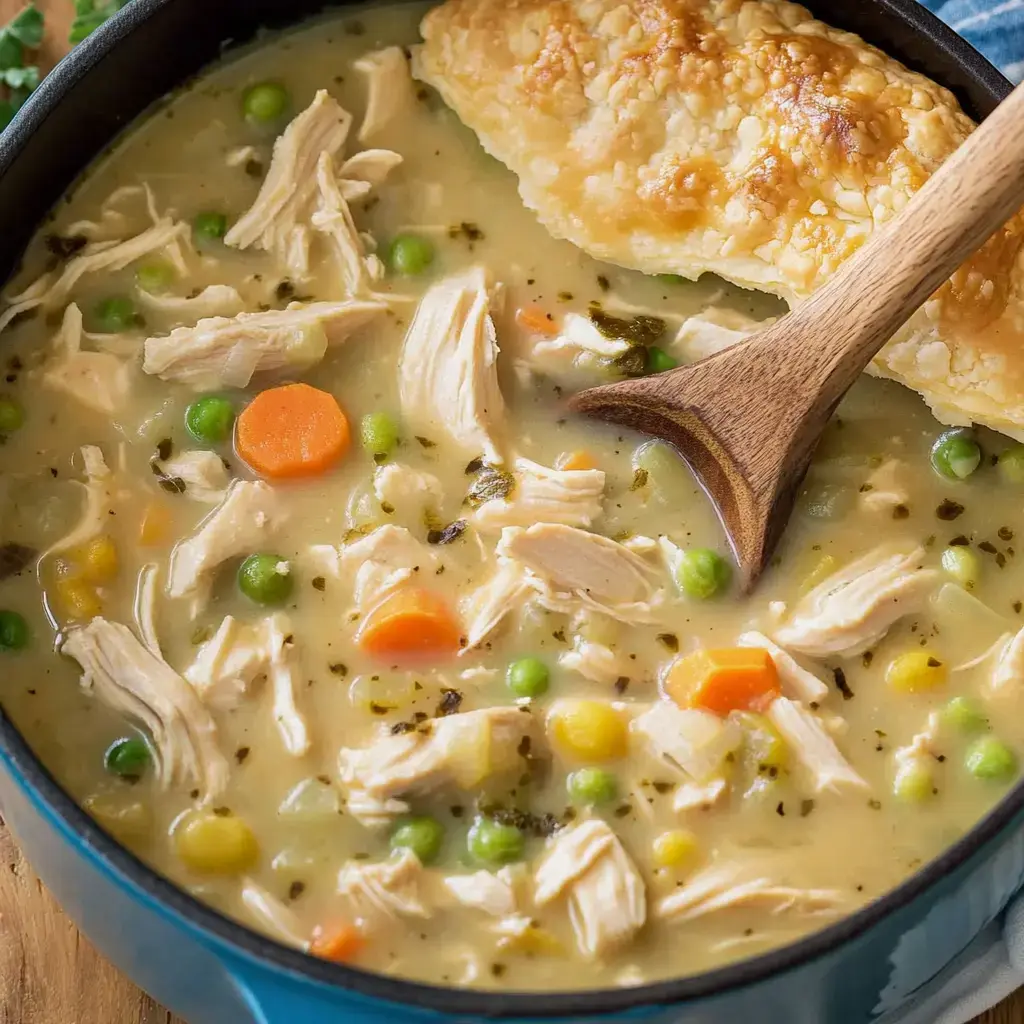 A close-up of a creamy chicken and vegetable soup in a dark pot, garnished with shredded chicken, peas, and carrots, alongside a golden-brown pastry.